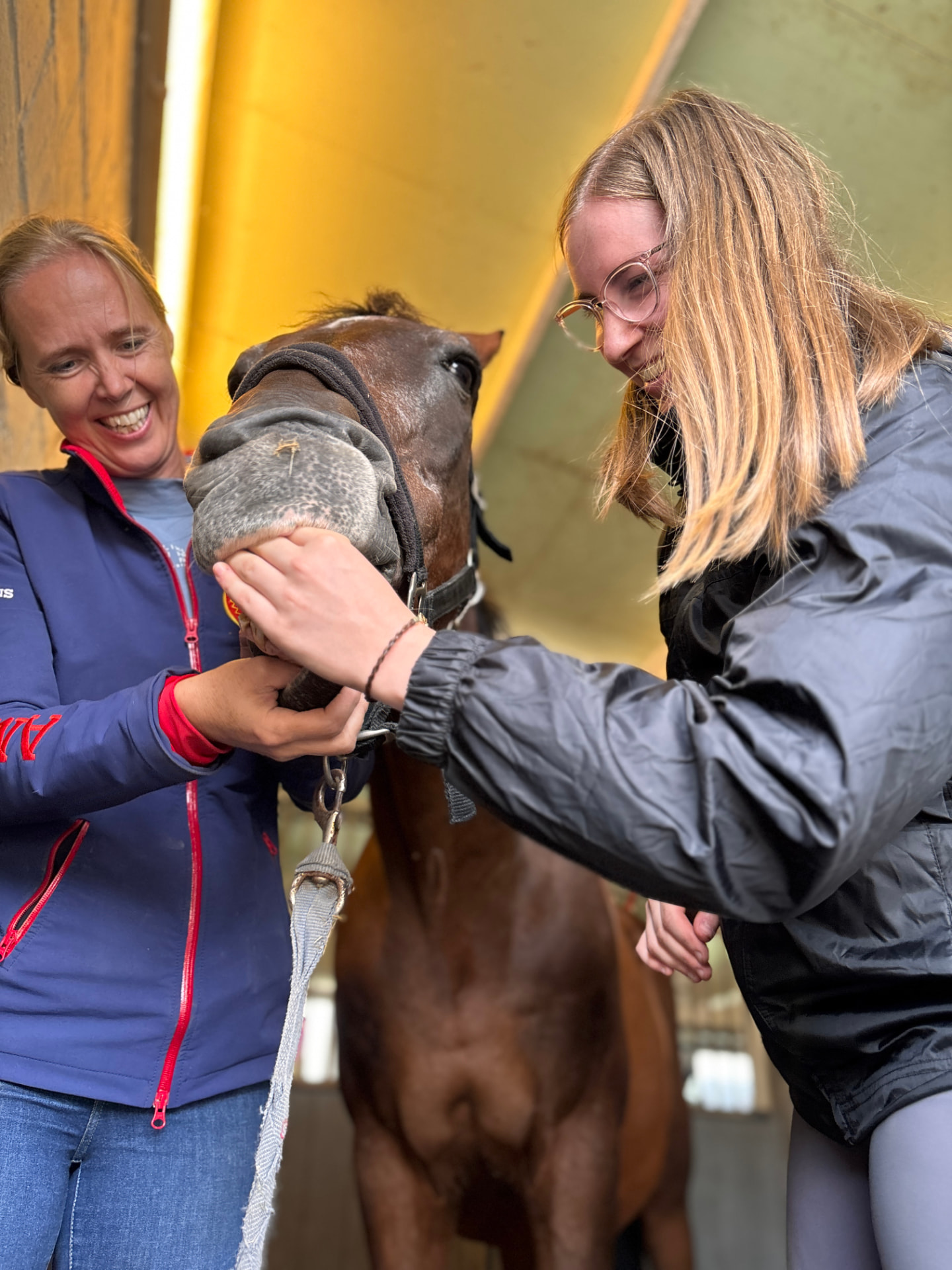 Evy begeleidt een deelnemer die de kaken van een paard onderzoekt