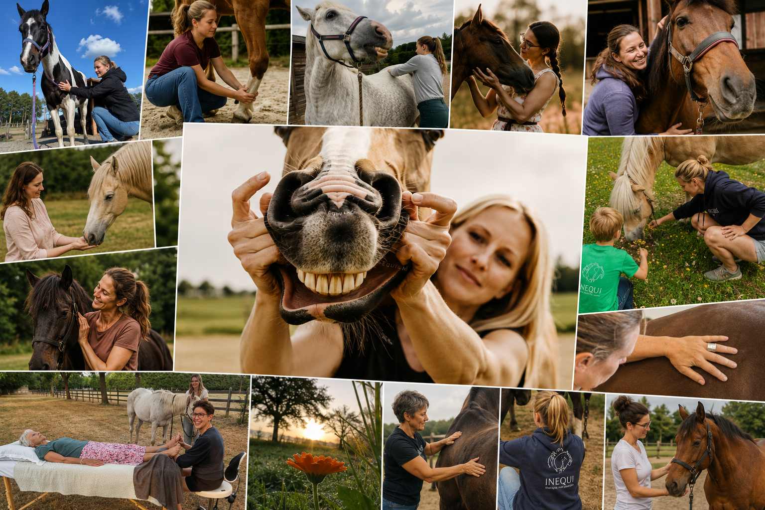 Collage van therapeuten en standhouders van de Equina Experience Day aan het werk met paarden