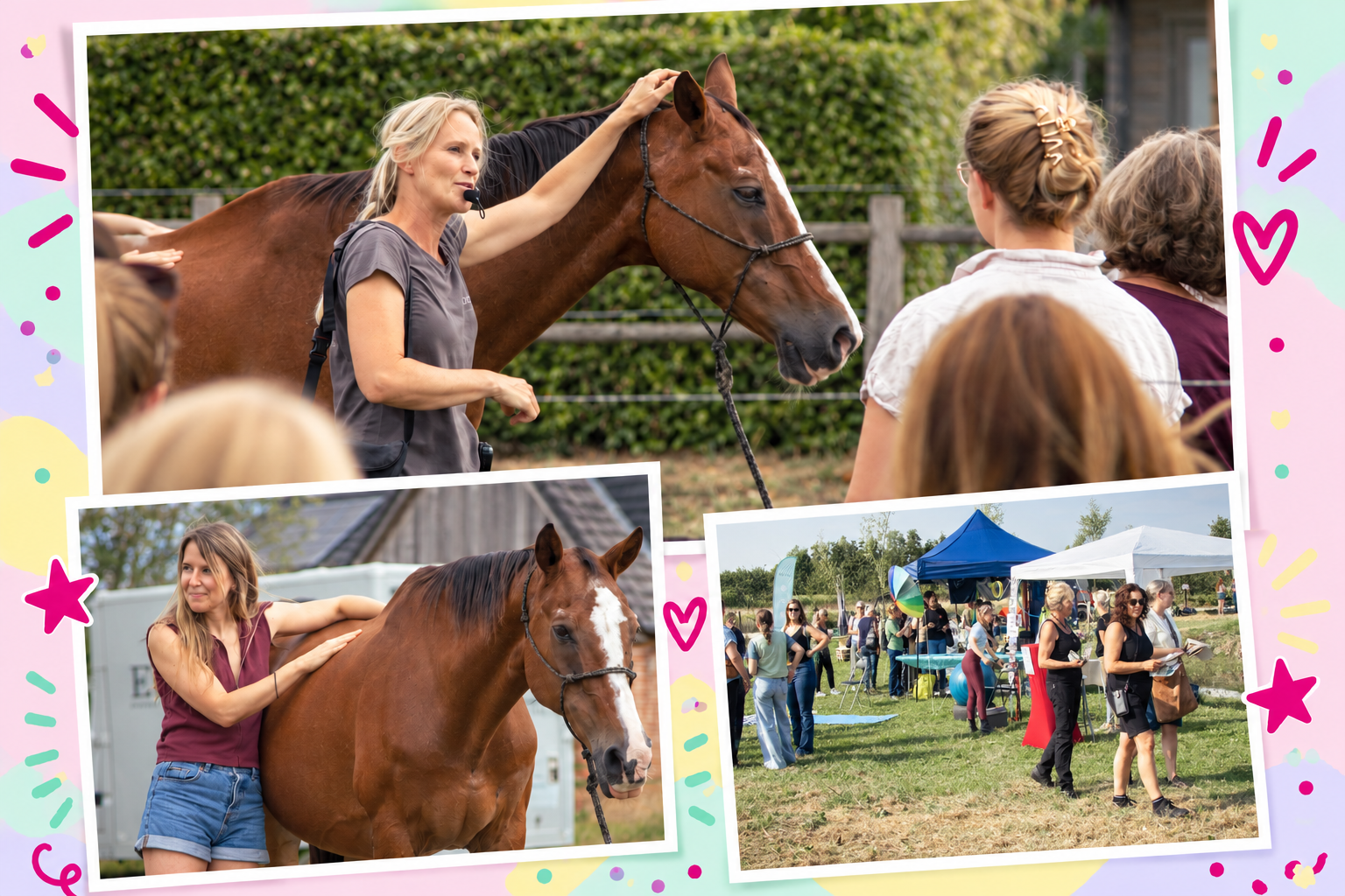Collage van Evy bij een paard, een paardenbehandeling en een vrolijke dag met paardenliefhebbers