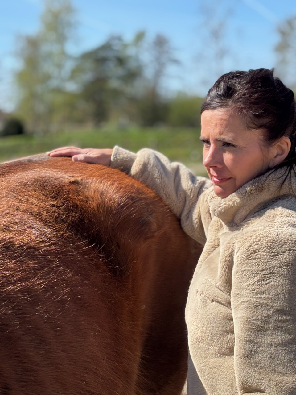 Behandelaar werkt rustig langs de rug van een paard