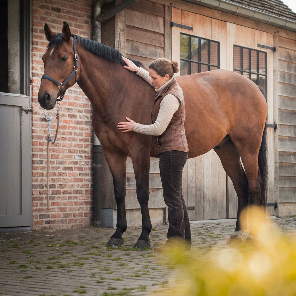 De praktijklocatie van Equina in Bevel, met een paard aan de stal