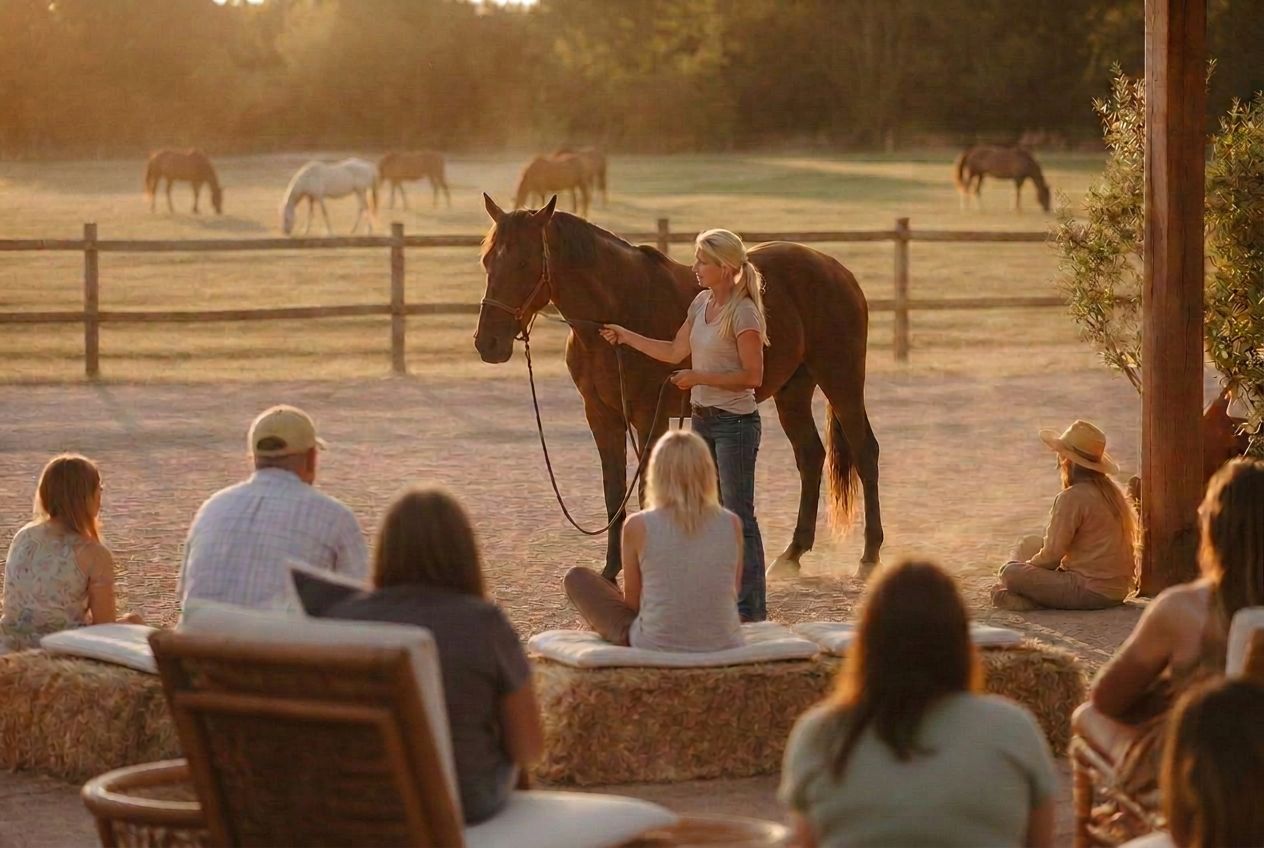 Vrouw met paard tijdens workshop in avondlicht, publiek zit op strobalen en beach loungers