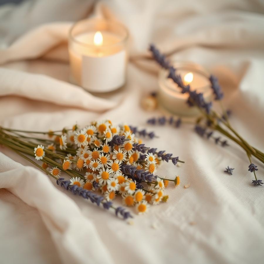 Kamille en lavendel bij een zacht brandende kaars