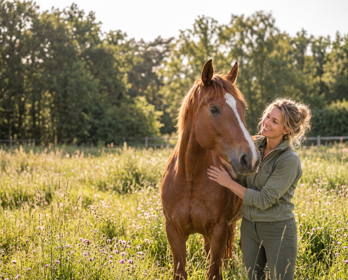Een vrouw maakt met aandacht contact met een paard in een zonnige weide
